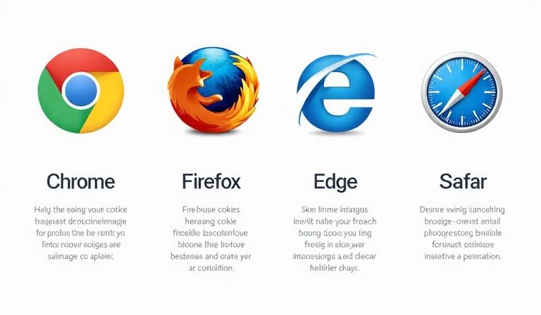 Ikonografika ukazující ikony různých webových prohlížečů (Chrome, Firefox, Edge, Safari) s textem 'Spravovat soubory cookie' pod každou ikonou