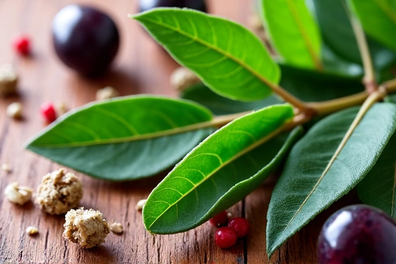 Vavřínové listy s bobulemi a bylinkami, symbolizující antioxidanty a vitalitu.